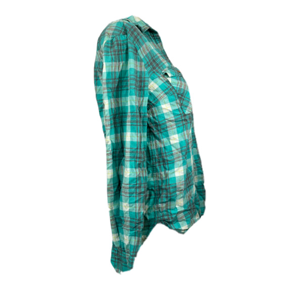 J. Crew Shirt Womens Sz 2 Aqua Green White Plaid Cotton Flannel Pocket Button Up - Picture 3 of 11